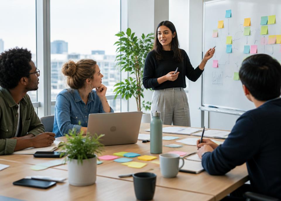 Startup team collaborating around a meeting table