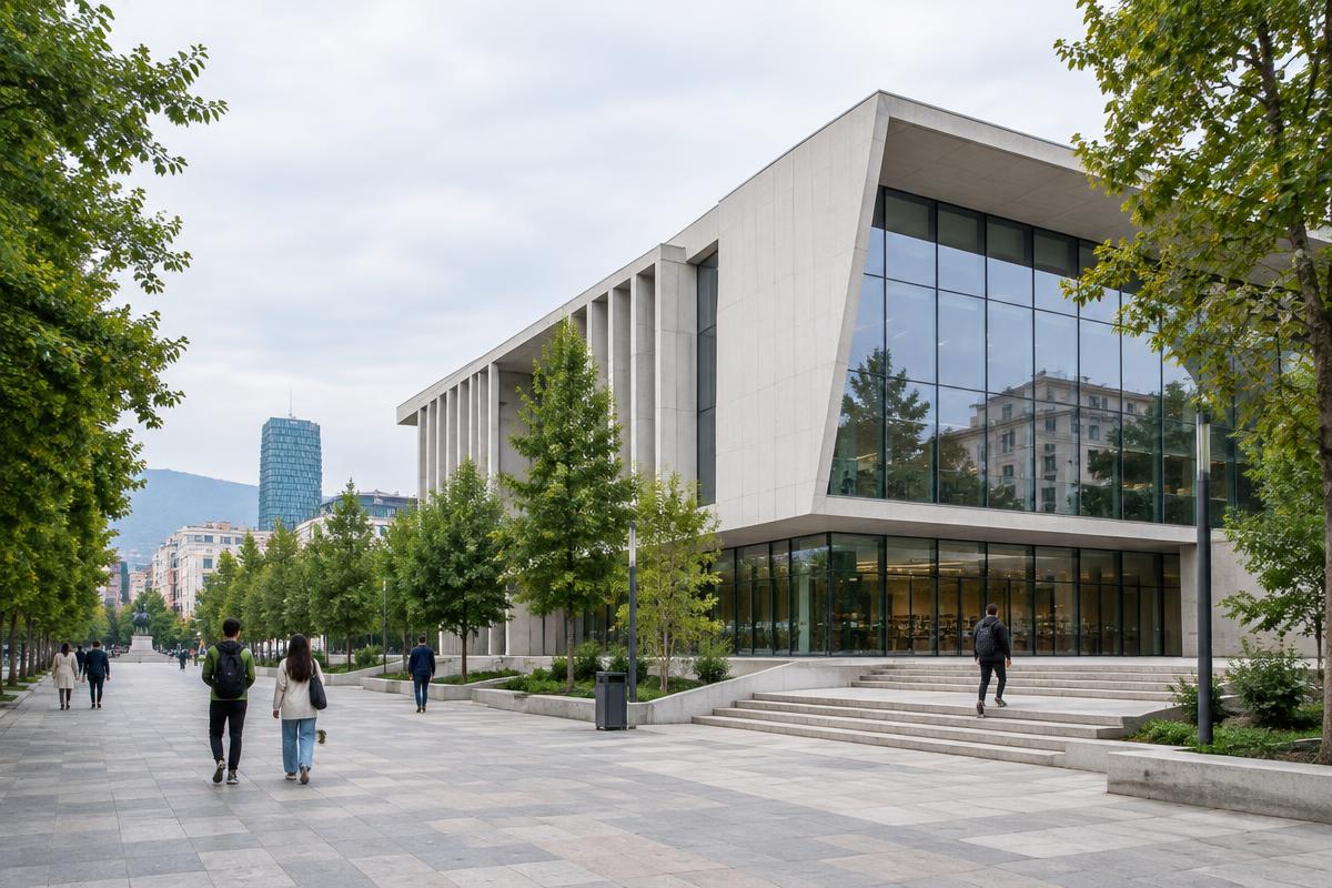 Modern architecture and a pedestrian promenade in Tirana